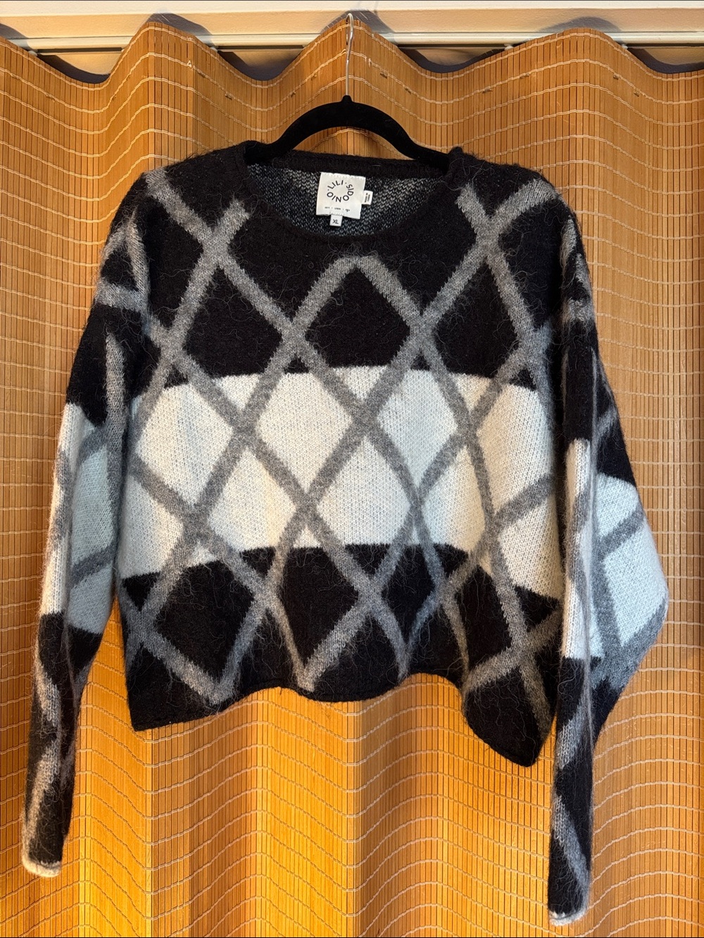 Anthropologie Black & White Diamond-Pattern Crewneck Cropped Sweater